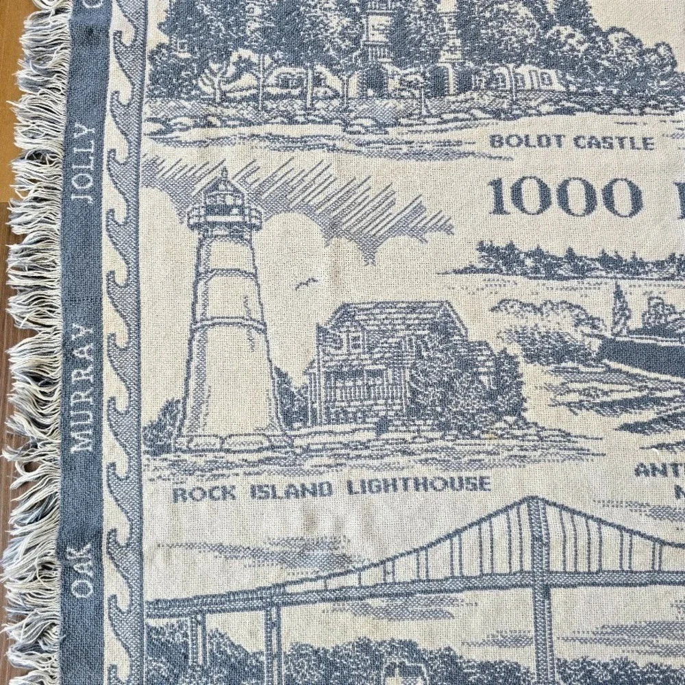 Vintage 1994‎ Blue 1000 Islands Woven Tapestry Throw Blanket St. Lawrence River